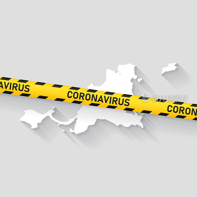 圣马丁地图与冠状病毒警告胶带。Covid-19爆发