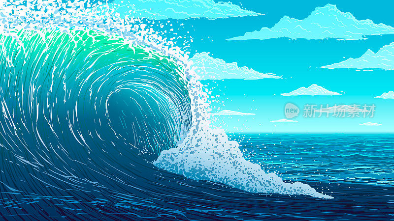 矢量插图。巨大的海浪。
