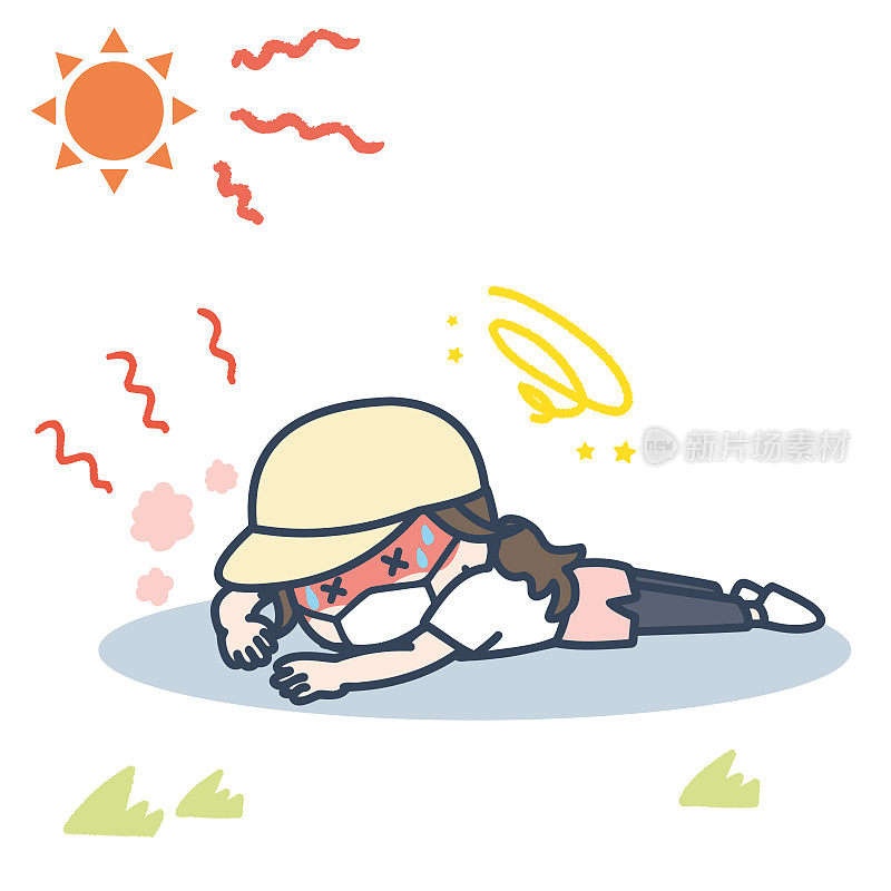 这是一个妇女戴着面具在烈日下锻炼，因中暑而倒下的插图。矢量图像。