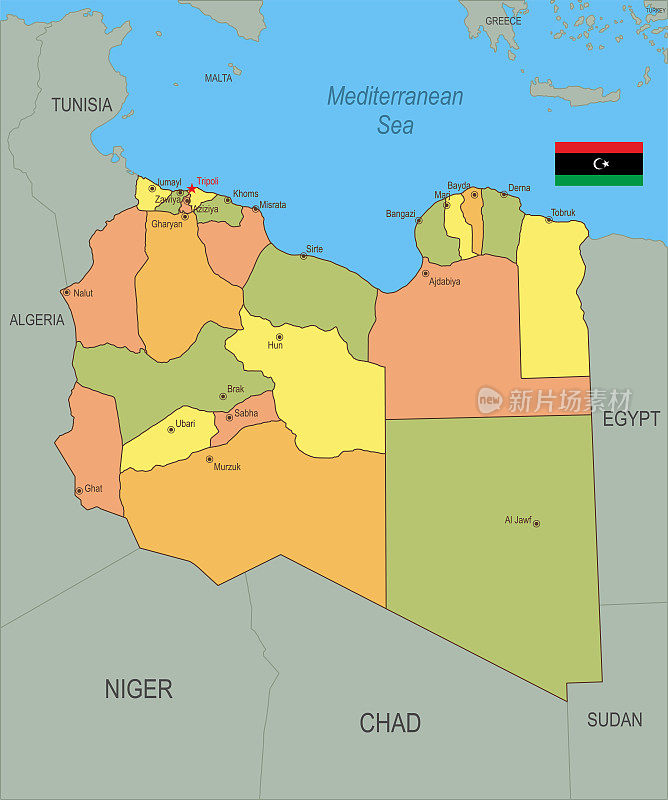 带旗帜的利比亚平面地图