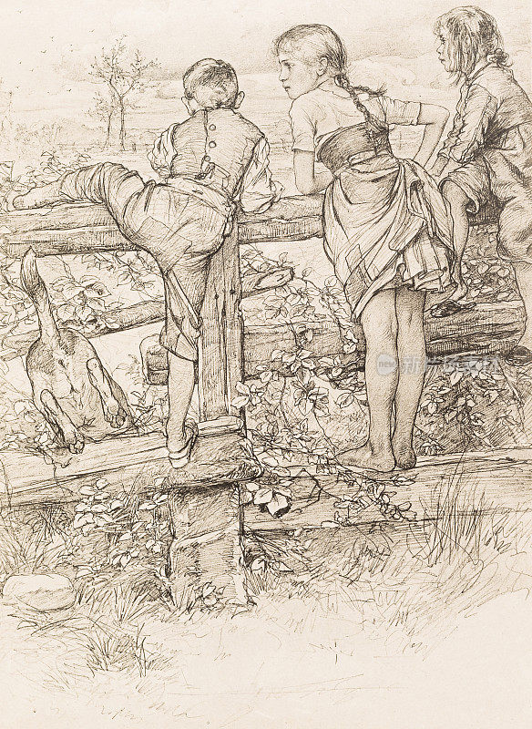 1890年，三个孩子在乡下玩耍