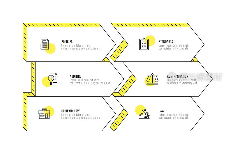 信息图表设计模板。政策，审计，公司法律，标准，行政，法律图标6个选项或步骤。