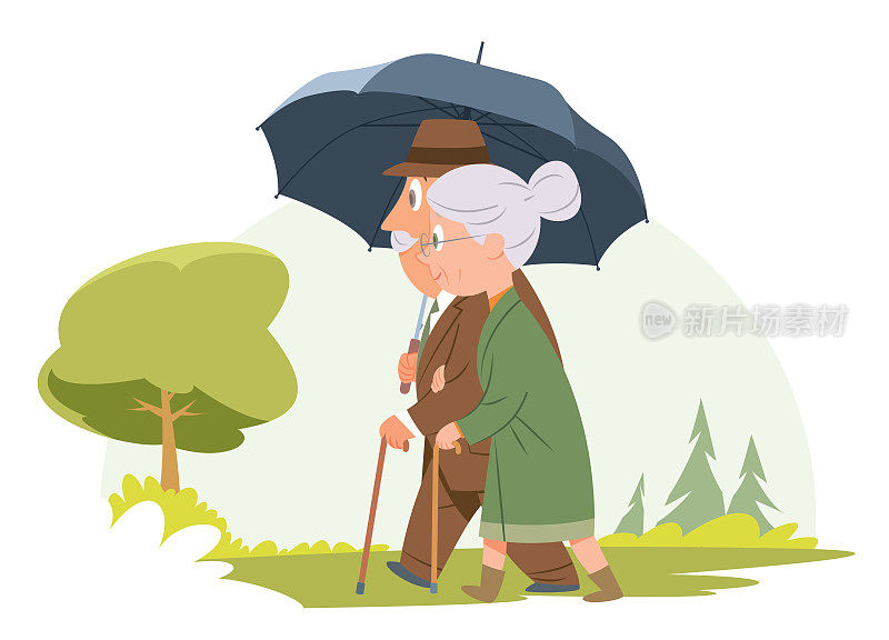 一对老年夫妇在伞下散步。一对老年夫妇在雨中一起散步