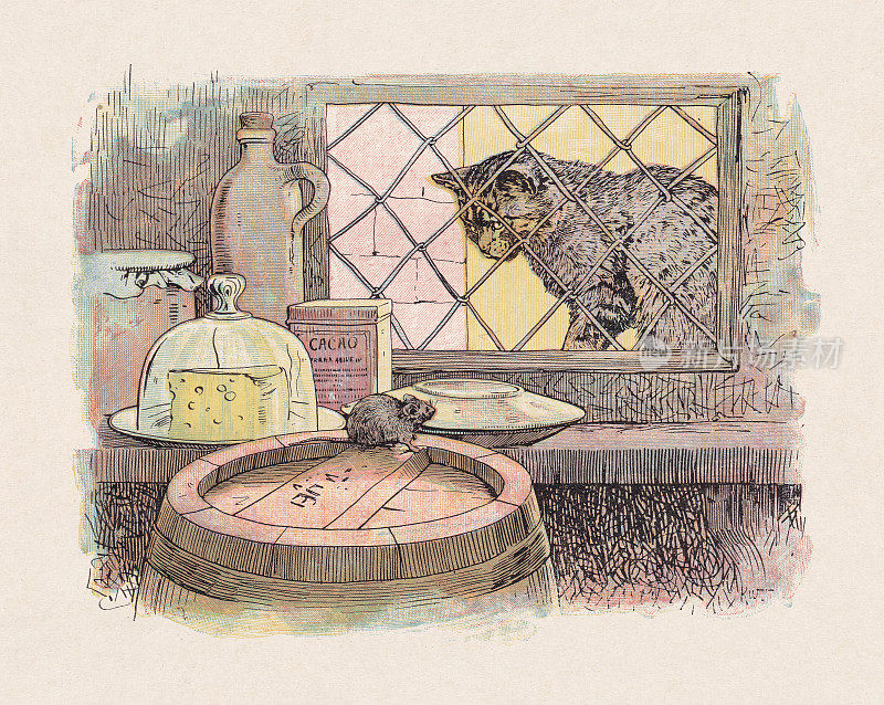 《猫与老鼠》，彩色木版画，出版于1897年