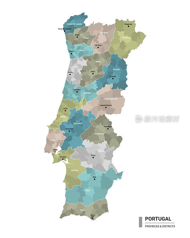 葡萄牙高细分详细地图。葡萄牙行政地图与地区和城市的名称，彩色的国家和行政区域。矢量插图。