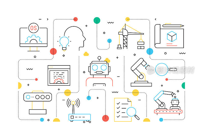 机器人工程相关的现代线条风格矢量插图