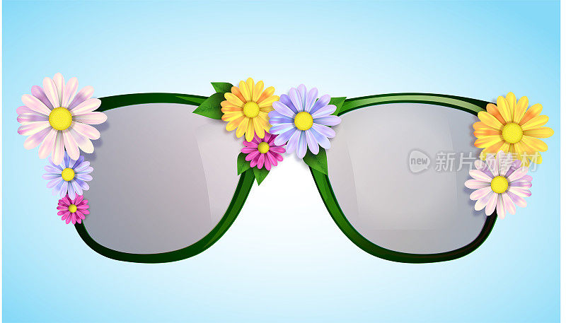 太阳眼镜与鲜花矢量插图现实