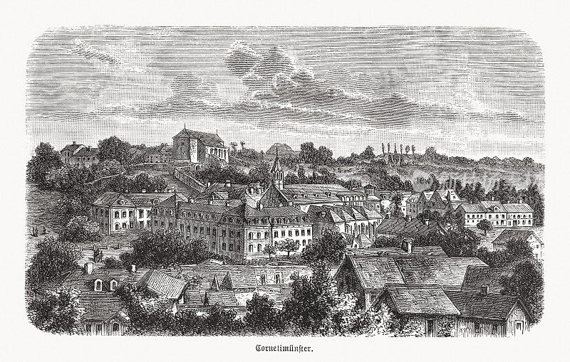 《Kornelimünster的历史观》,德国北莱茵-威斯特伐利亚木刻,1893年出版