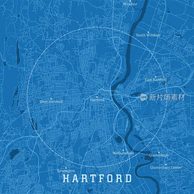 哈特福德CT城市矢量地图蓝色文本