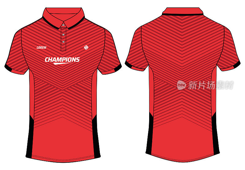 运动马球领t恤运动衫设计矢量模板，板球运动衫概念与足球，足球，网球和羽毛球制服的前后视图