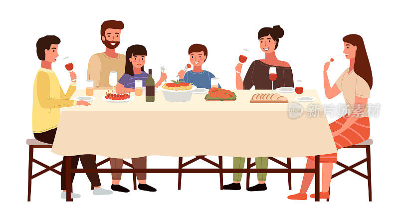 一家人在吃意大利式晚餐。亲戚们在餐桌上交流