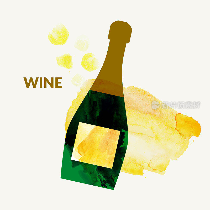 水彩抽象葡萄酒背景与起泡香槟瓶