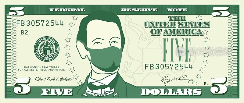 亚伯拉罕・林肯戴着外科口罩的五美元钞票