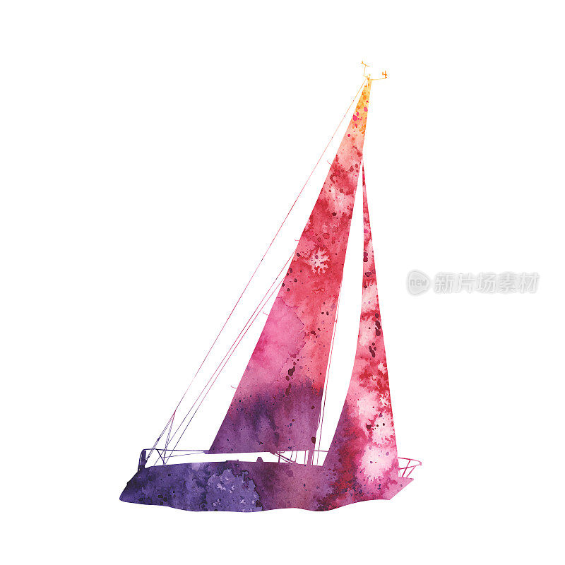 水彩帆船剪影在粉红色和紫色色调。向量EPS10