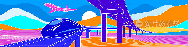 彩色明亮的风景。基础设施和运输说明。汽车天桥。火车。飞机飞行。城市的城市风光。白色轮廓上的彩色背景。矢量设计艺术。