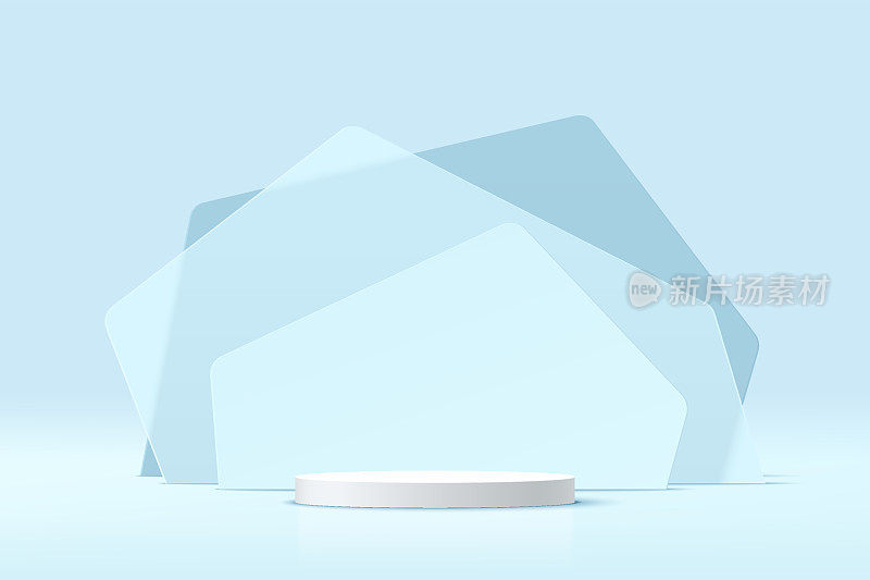 抽象三维白色圆柱形基座基座基座基座基座，以透明的蓝色玻璃几何形状图层为背景。矢量渲染平台与淡蓝色最小的墙壁场景的产品展示展示。