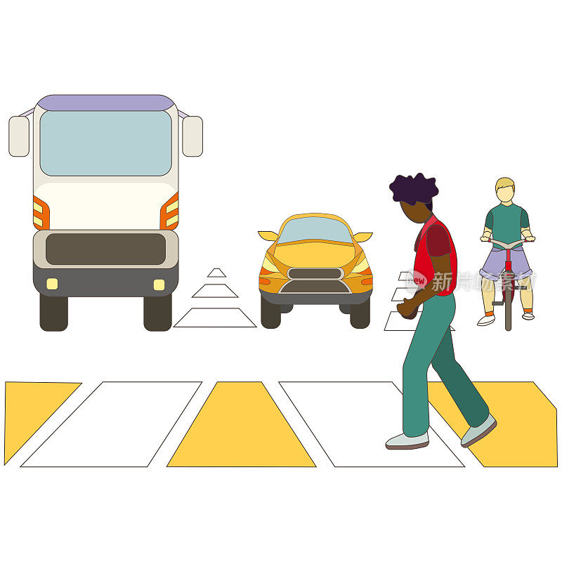 卡通风格的美国黑人行人穿过马路，公共交通和出租车在白色隔离背景上等待行人，道路交通的概念，汽车。