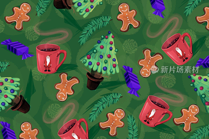圣诞树、饼干、热咖啡和糖果