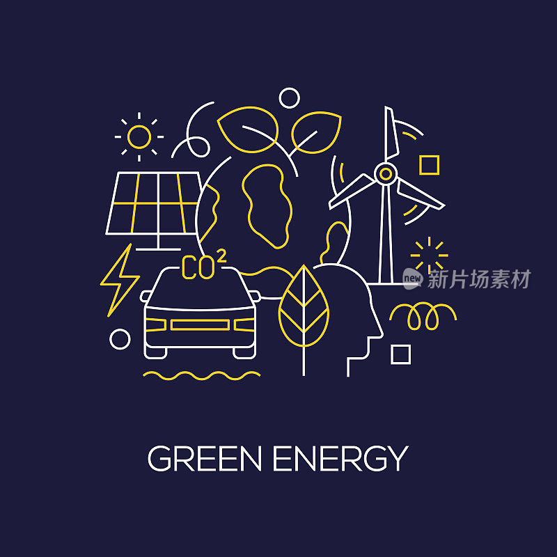 矢量插图绿色能源概念。线条艺术风格背景设计网页，横幅，海报，打印等。矢量插图。