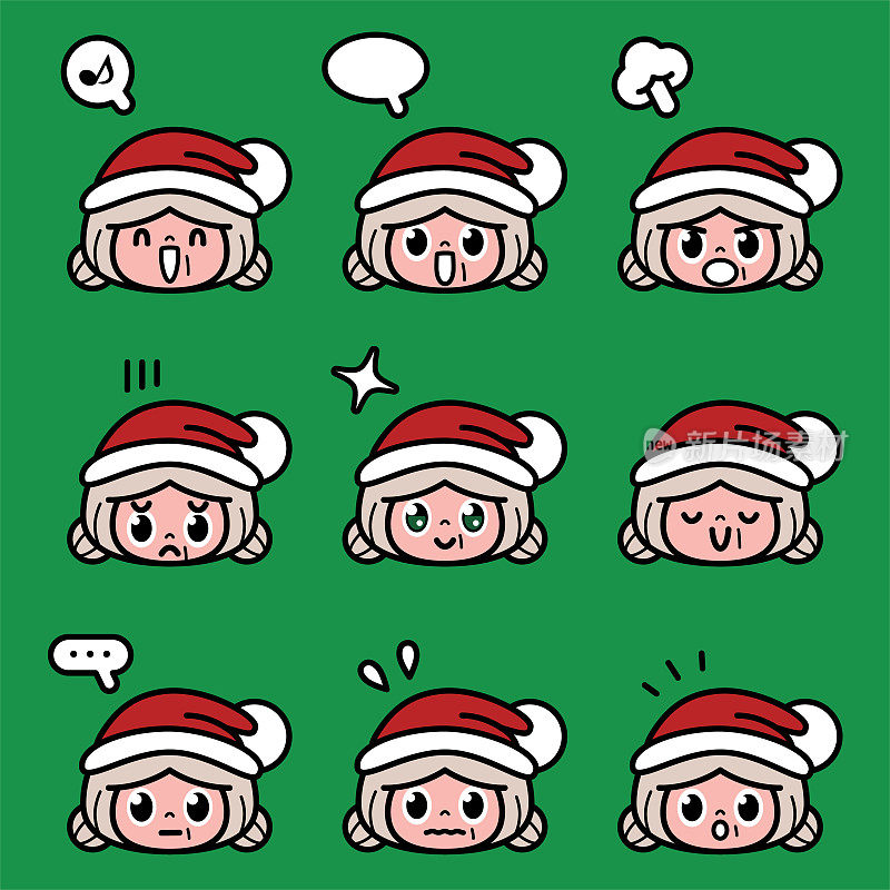 圣诞图标套装，一个可爱的年长妇女戴着圣诞老人的帽子，有9个面部表情的颜色柔和色调