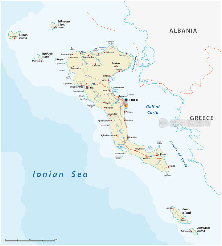 希腊科孚岛爱奥尼亚岛的矢量路线图