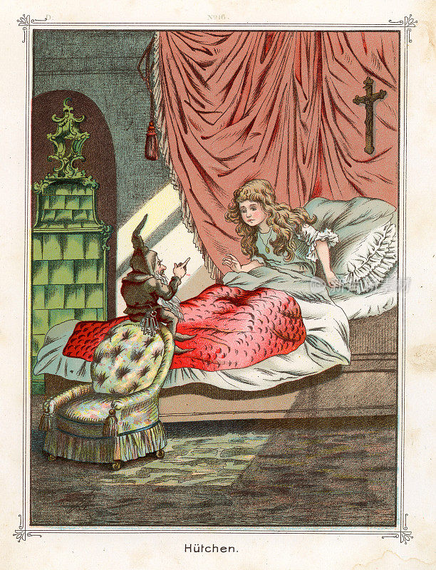 霍德金，狗头人，在床上和一个女孩说话，德国民间传说，维多利亚19世纪