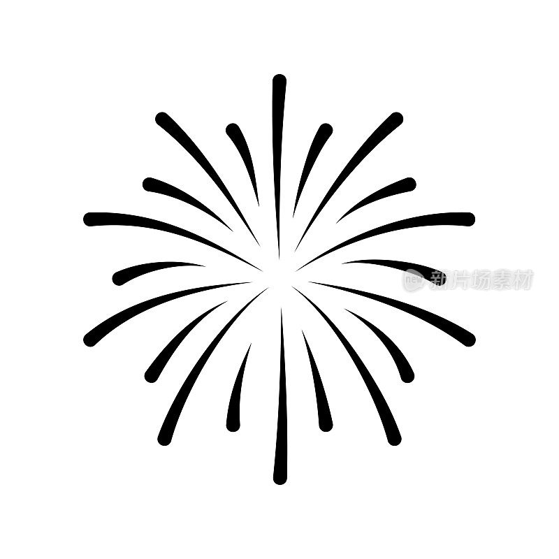 烟花。黑色爆竹图标为周年纪念，新年，庆祝，节日。白色平面设计。