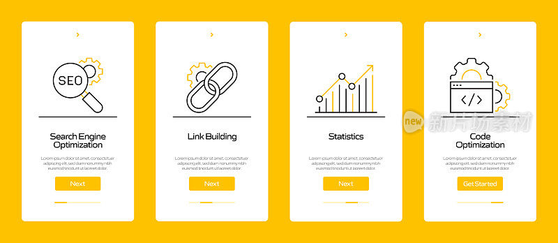 搜索引擎优化概念Onboarding移动应用程序页面屏幕与平面图标。UI设计模板矢量插图