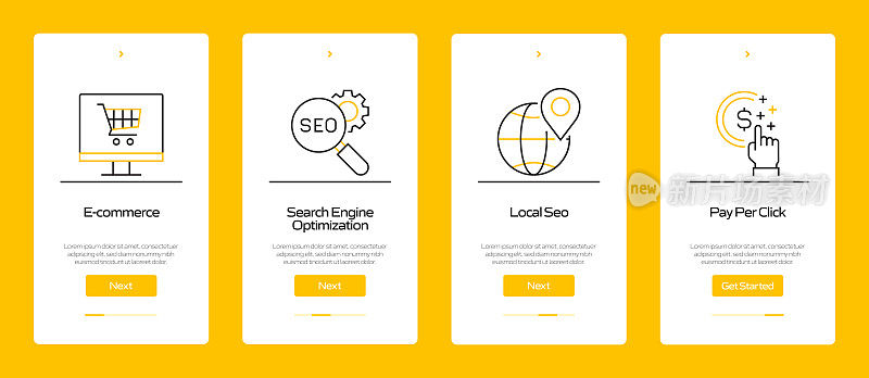 搜索引擎优化概念Onboarding移动应用程序页面屏幕与平面图标。用户体验，UI设计模板矢量插图