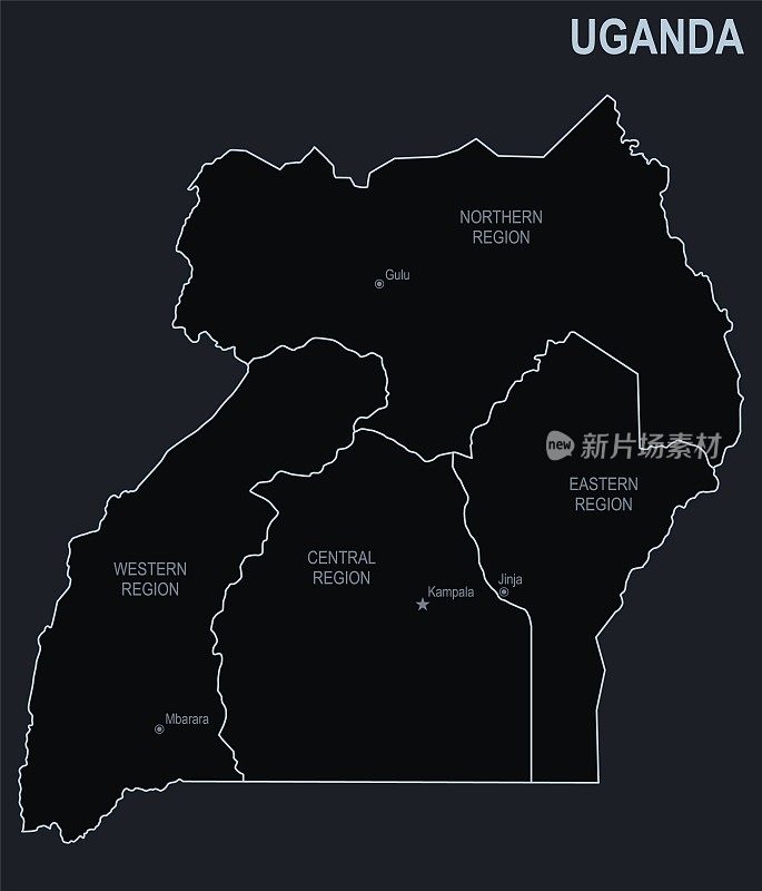乌干达的平面地图，以黑色为背景的城市和地区
