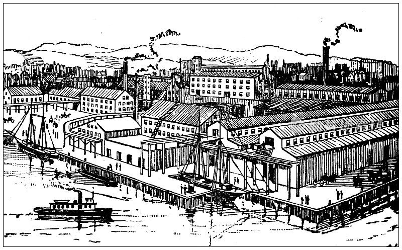 古董插图美国，马萨诸塞州的地标和公司:北韦茅斯，布拉德利肥料厂