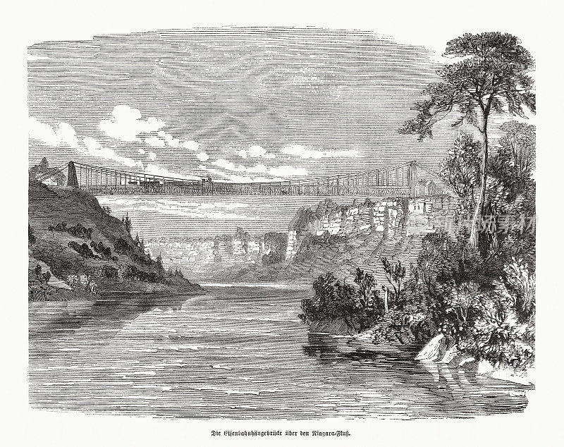 尼亚加拉瀑布悬索桥，美国-加拿大，木雕，1870年出版