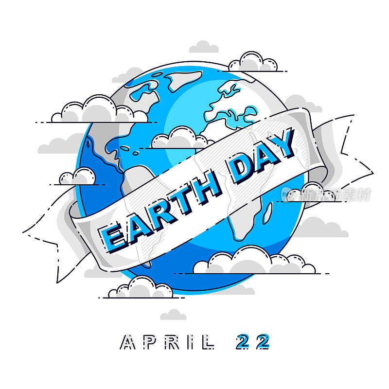 拯救地球，保护我们的星球，生态生态，气候变化，地球日4月22日，地球与丝带和打字矢量标志或插图孤立在白色背景上。