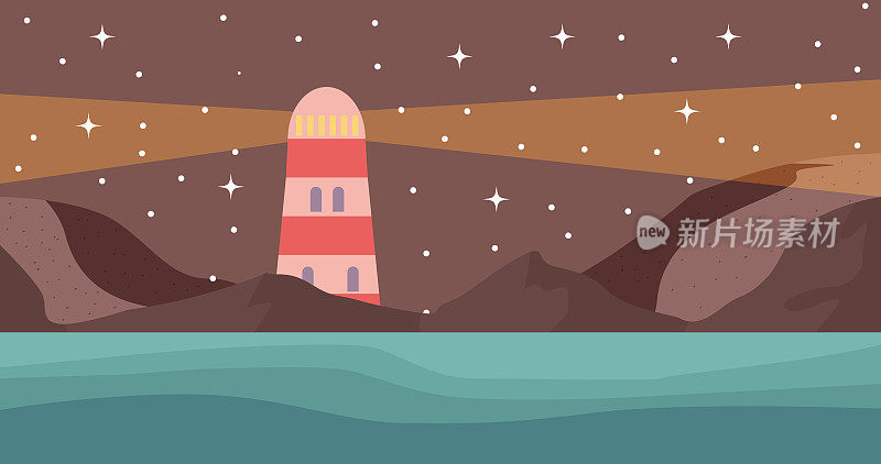 灯塔，大海，夜空，星星景观矢量插图