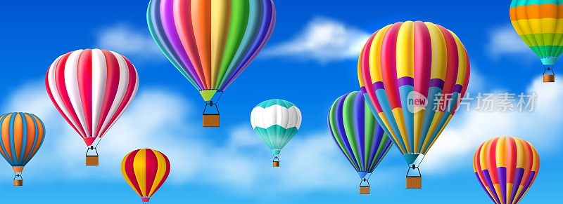 现实的热气球在天空中。背景与蓝色多云的天空和高空气球。五颜六色的圆顶和篮子。飞行汽车。飞艇的飞行。空中旅行。矢量图