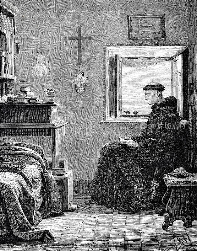 忘记世界:一个和尚在自己的房间里，坐在窗前的椅子上，读着《圣经》，侧身观景