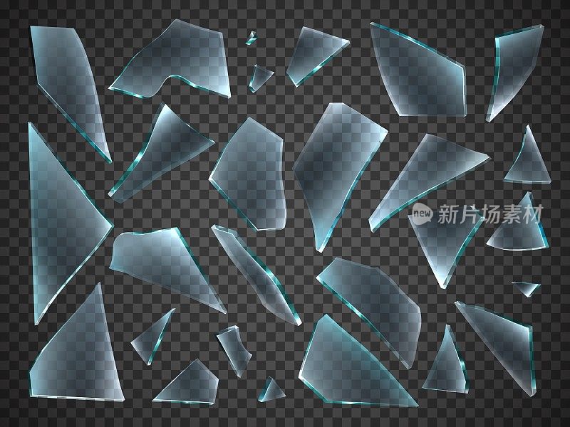 破碎的玻璃碎片。现实的不同随机形状的碎片。3D锋利的碎片。透明的破碎的窗口。脆弱的清晰的表面。矢量隔离损坏的镜子碎片集