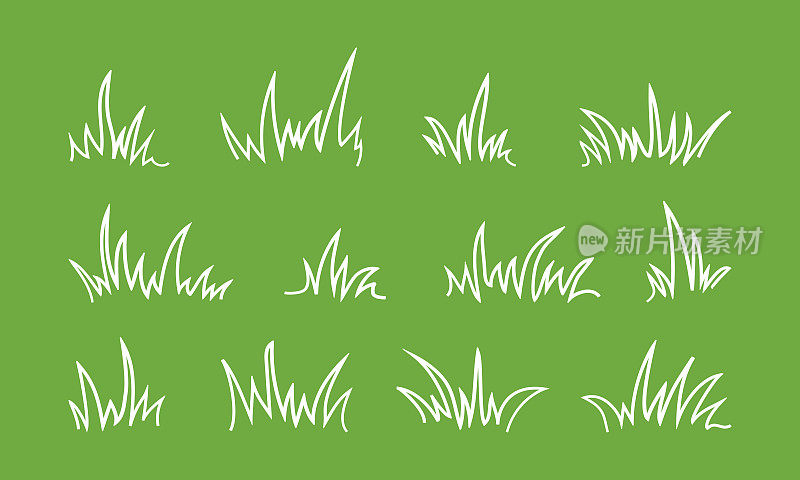 草灌木线矢量图标，绿色灌木，简单的叶，素描灌木，草甸和景观，潦草草坪轮廓设计。性质说明