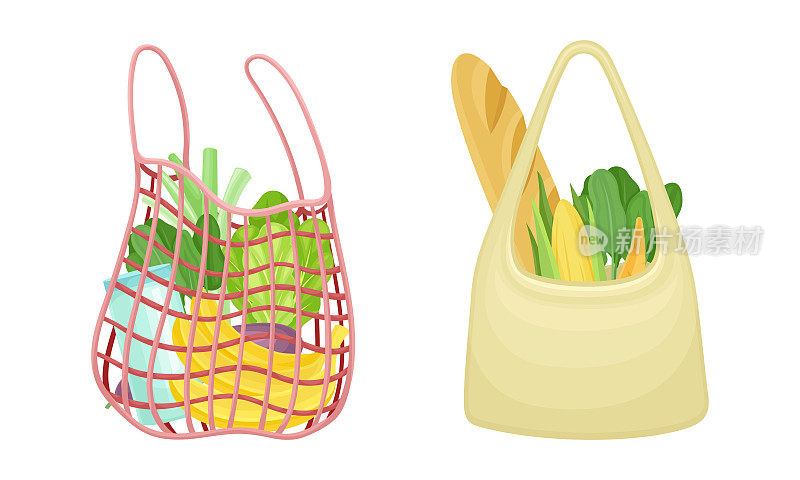 可重复使用的生态购物袋装满了食品杂货。面包、香蕉、玉米棒子、草木。零浪费，无塑料概念矢量插图
