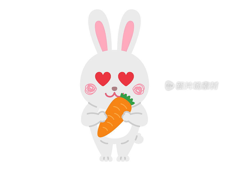 插图的白兔人物与心形眼睛拿着胡萝卜。