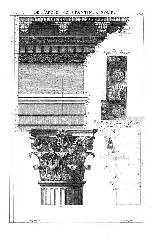 从罗马君士坦丁拱门的侧面，穿过首都正面中间的圆柱，由1682年的罗马古建筑组成。
