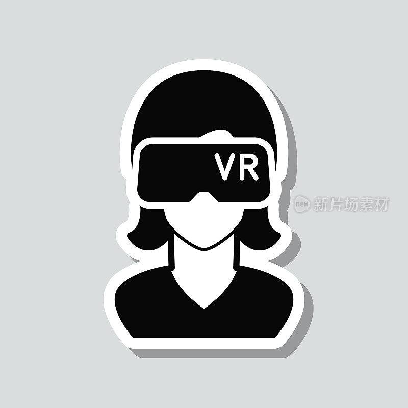 女人与VR头盔-虚拟现实。图标贴纸在灰色背景
