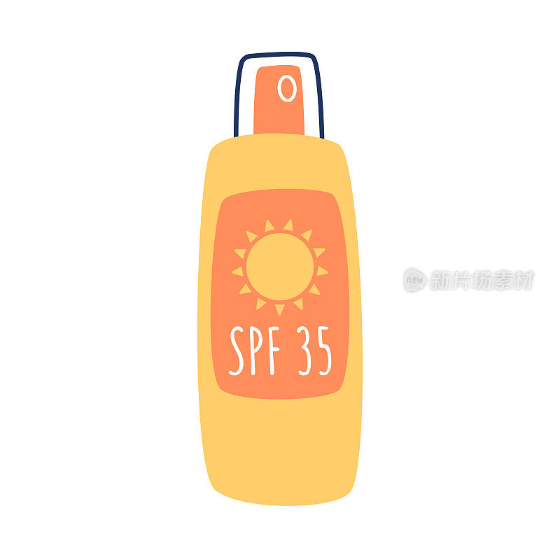 喷洒防晒系数为35的防晒霜。一瓶高防紫外线的保湿防晒霜。防晒和防晒安全。手绘矢量插图在平面风格。