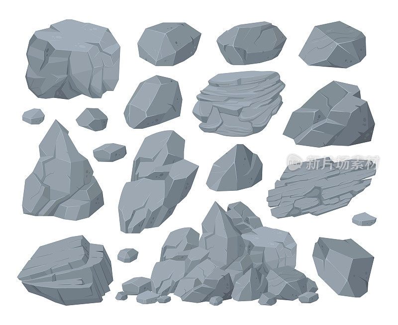 卡通花岗岩石，山石堆石。巨石石头，花岗岩石头和灰色鹅卵石矢量符号插图集。收集石头