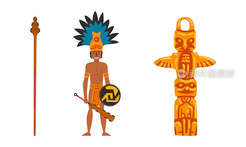 玛雅文明民族符号，战士手持盾牌和棍棒，动物图腾向量集