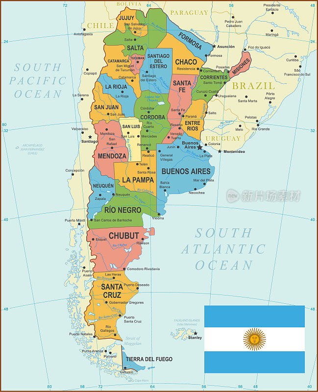 阿根廷复古地图与河流，地区和国旗