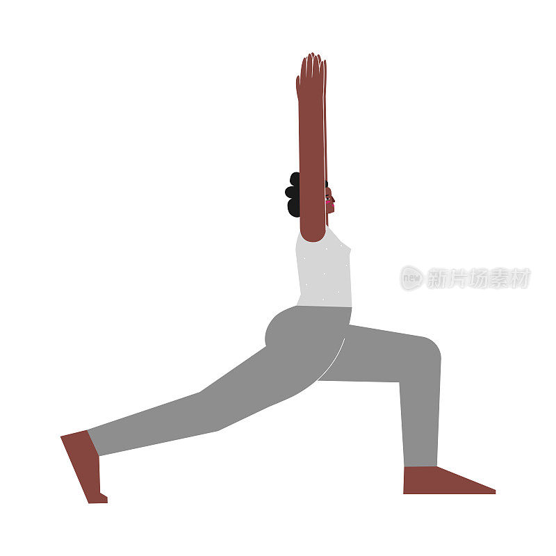 矢量插图与女性角色。运动型的非洲裔美国妇女在瑜伽课上学习加强姿势。健身运动-新月式高弓步