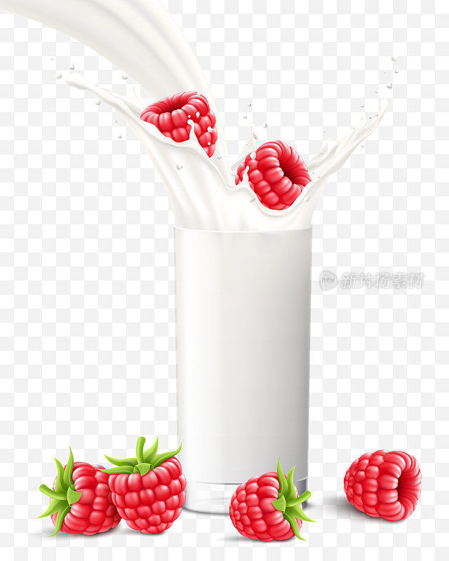 覆盆子掉在一杯牛奶或酸奶里。甜牛奶溅。水果奶昔广告横幅，酸奶喷射，飞行滴，白色饮料在玻璃杯，现实的3d矢量插图，孤立
