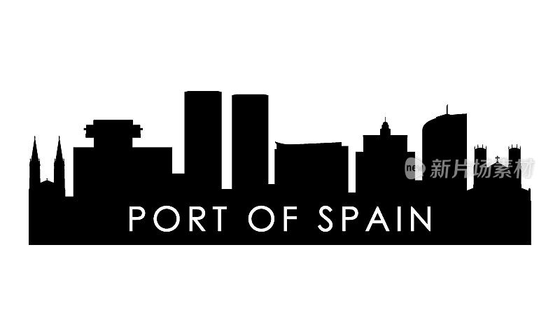 西班牙港口天际线剪影。黑色西班牙港口城市设计孤立在白色背景。