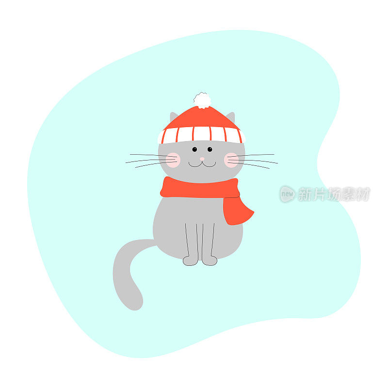 冬天戴着红色围巾和帽子的灰色猫